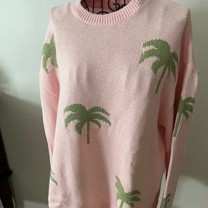 MUMU cotton pink with green palm tree long sweater